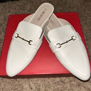 Dune London White Mules with Gold Buckle